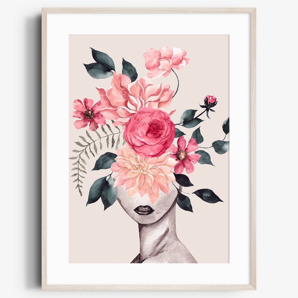 Watercolor Floral Woman Portrait Wall Art Illustration Print Poster Unframed